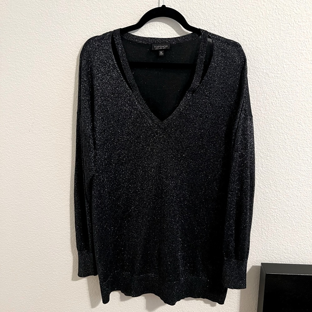 Topshop pull over V-Neck sweater in Black & Silver Size 10